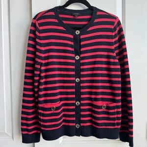 J. Jill Wearever Striped Button Front Cardigan Sweater Navy Red Medium